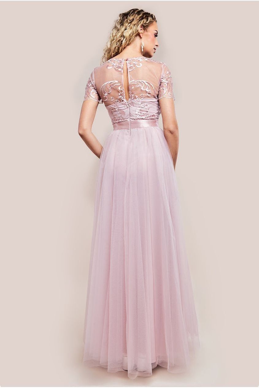 Goddiva Embroidered Mesh Maxi Dress - Blush