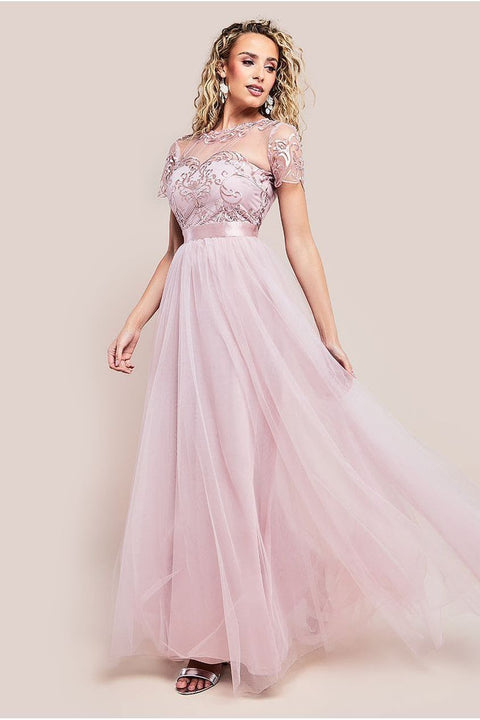 Goddiva Embroidered Mesh Maxi Dress - Blush