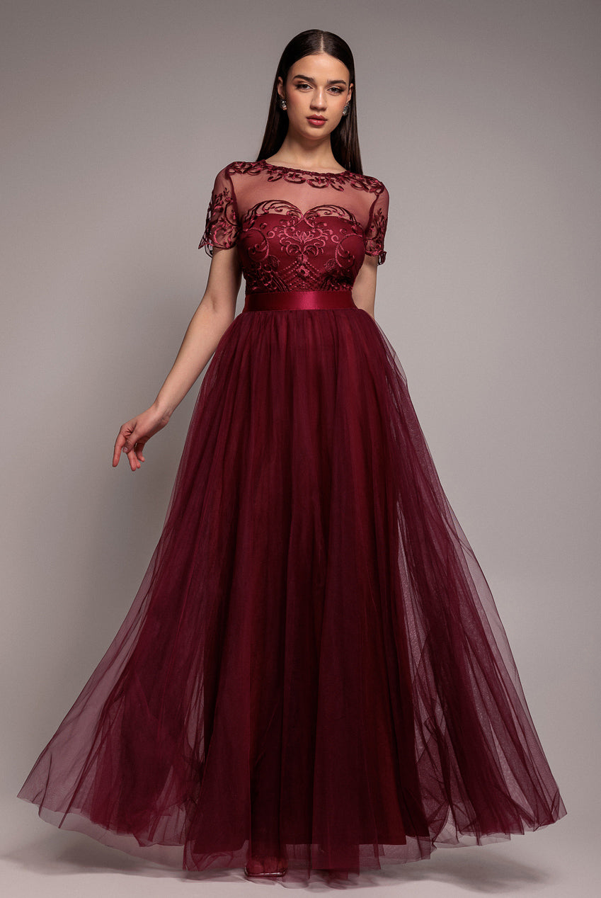 Goddiva Embroidered Mesh Maxi Dress - Burgundy