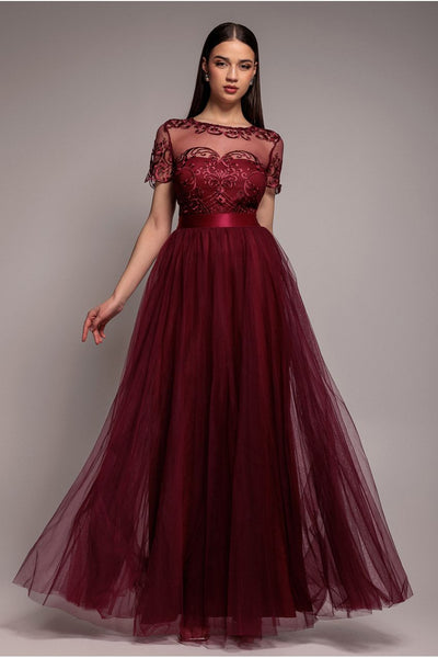 Burgundy - Goddiva Embroidered Mesh Maxi Dress - Burgundy