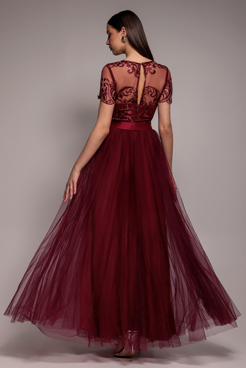 Goddiva Embroidered Mesh Maxi Dress - Burgundy