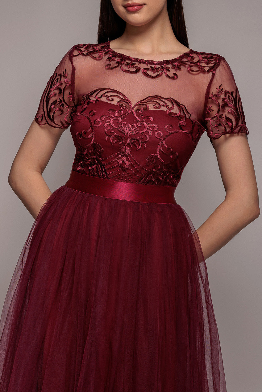 Goddiva Embroidered Mesh Maxi Dress - Burgundy