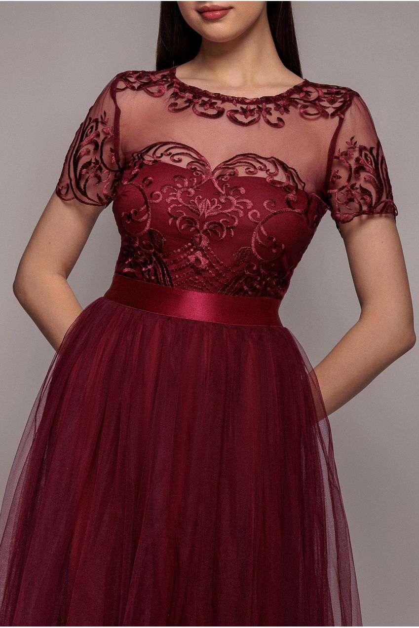Goddiva Embroidered Mesh Maxi Dress - Burgundy
