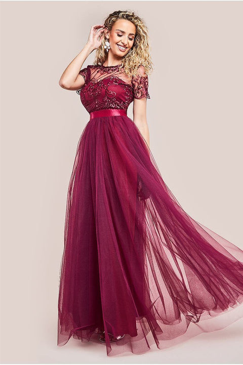 Goddiva Embroidered Mesh Maxi Dress - Burgundy