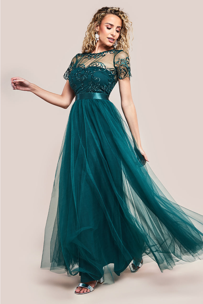 Goddiva Embroidered Mesh Maxi Dress - Emerald Green