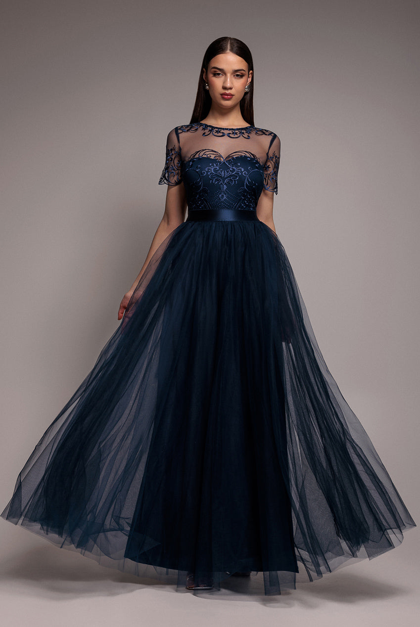 Goddiva Embroidered Mesh Maxi Dress - Navy