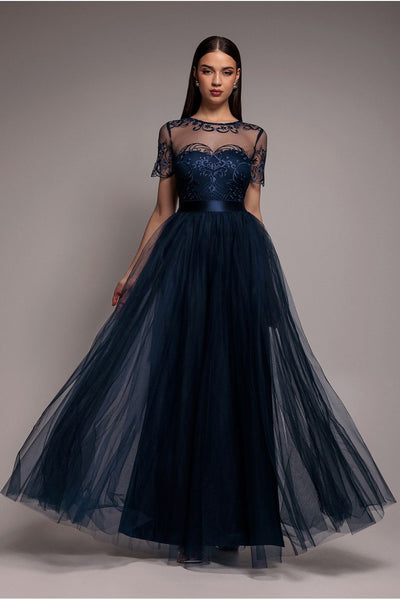 Navy - Goddiva Embroidered Mesh Maxi Dress - Navy
