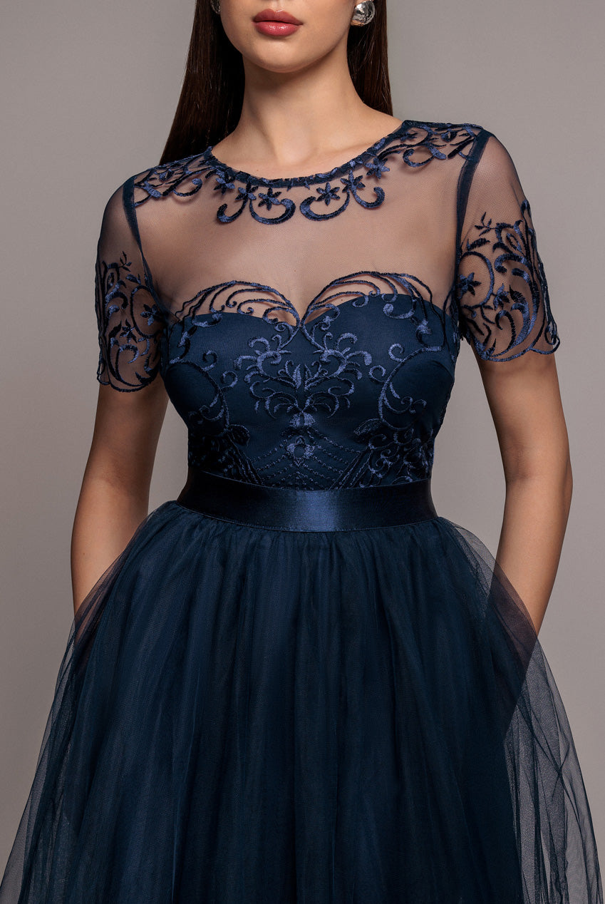 Goddiva Embroidered Mesh Maxi Dress - Navy