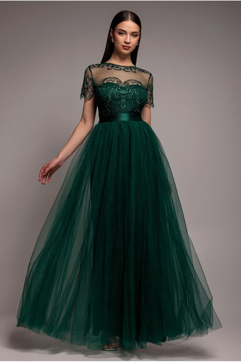 Goddiva Embroidered Mesh Maxi Dress - Emerald Green
