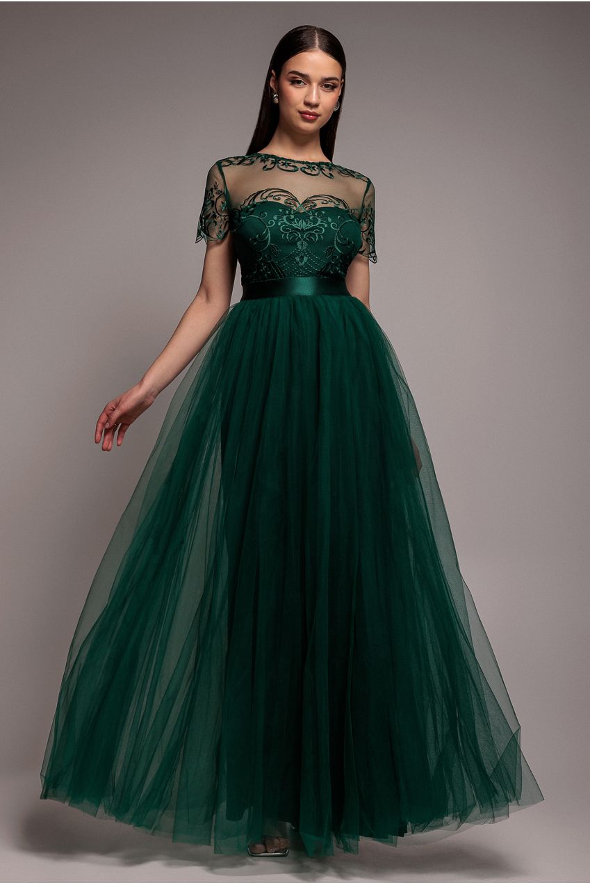 Goddiva Embroidered Mesh Maxi Dress - Emerald Green