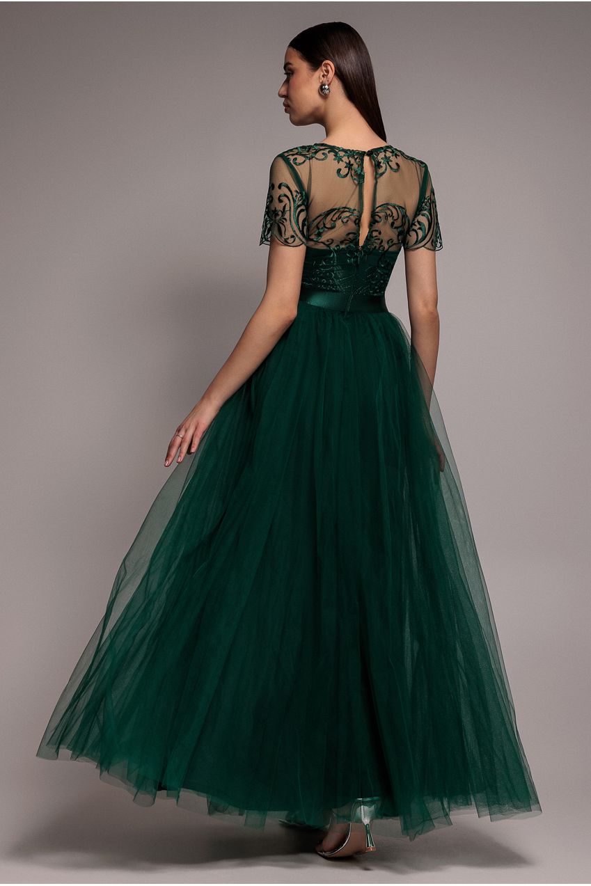 Goddiva Embroidered Mesh Maxi Dress - Emerald Green