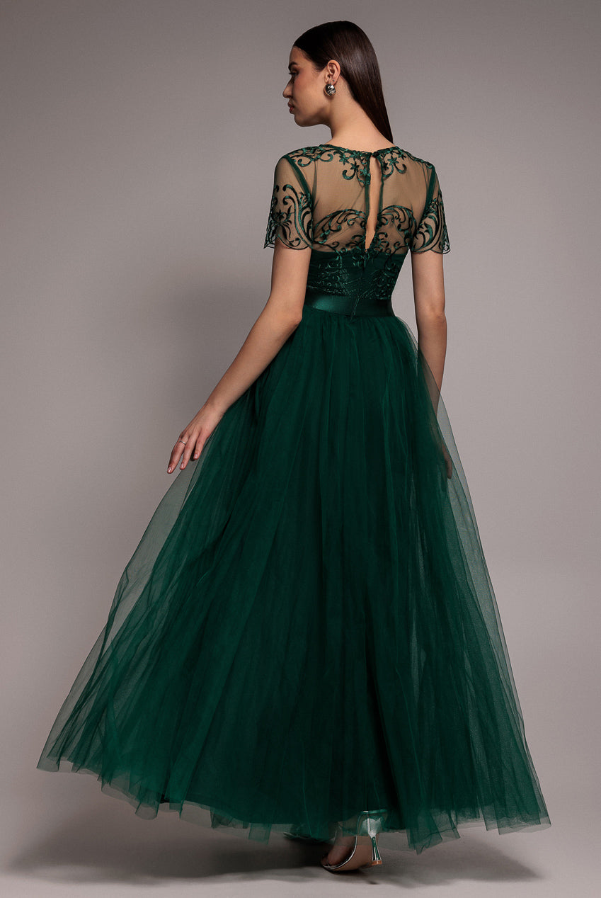 Goddiva Embroidered Mesh Maxi Dress - Emerald Green