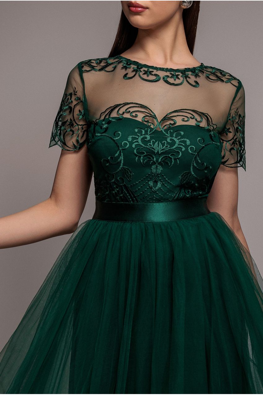 Goddiva Embroidered Mesh Maxi Dress - Emerald Green
