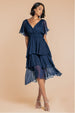 Goddiva Chiffon Layered Flutter Sleeve Midi Dress - Navy