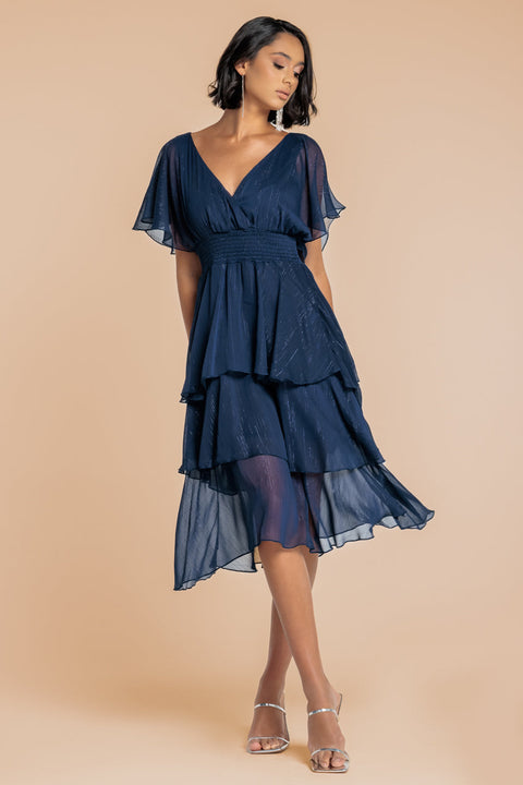 Goddiva Chiffon Layered Flutter Sleeve Midi Dress - Navy