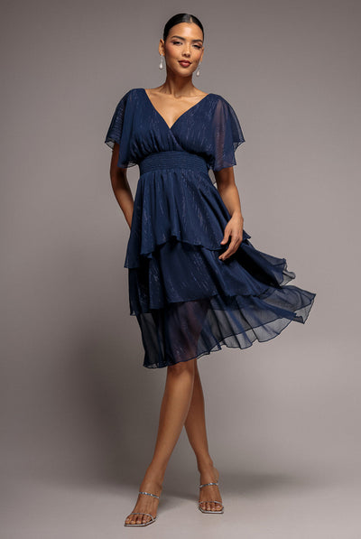 Navy - Goddiva Chiffon Layered Flutter Sleeve Midi Dress - Navy