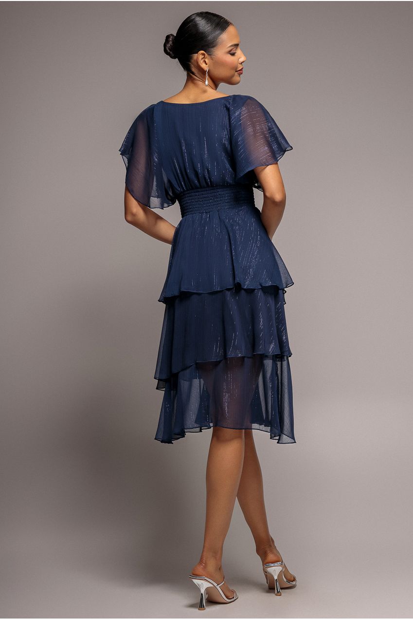 Goddiva Chiffon Layered Flutter Sleeve Midi Dress - Navy