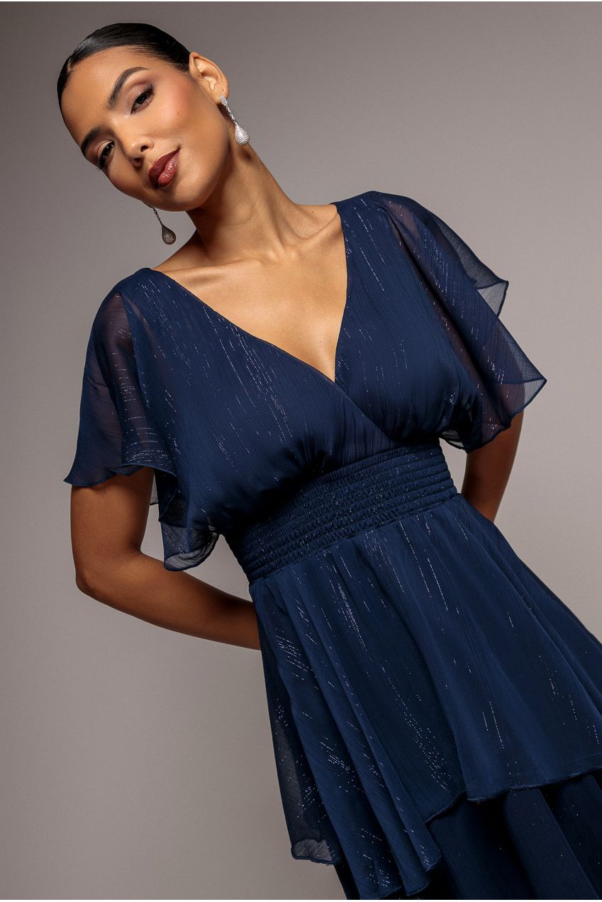 Goddiva Chiffon Layered Flutter Sleeve Midi Dress - Navy
