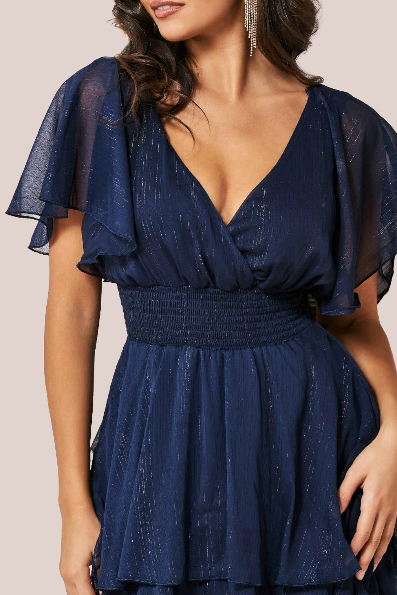 Goddiva Chiffon Layered Flutter Sleeve Midi Dress - Navy