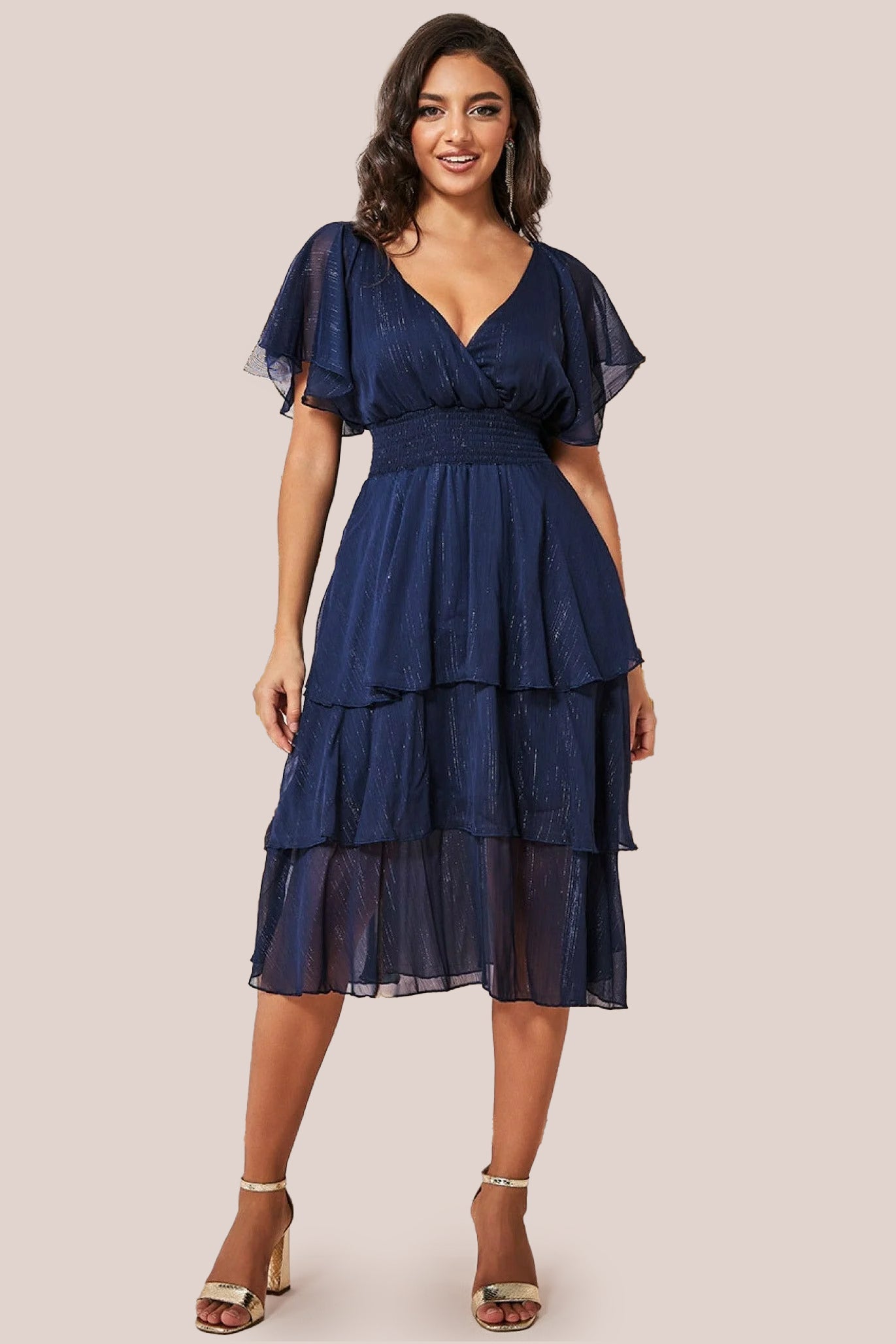 Goddiva Chiffon Layered Flutter Sleeve Midi Dress - Navy