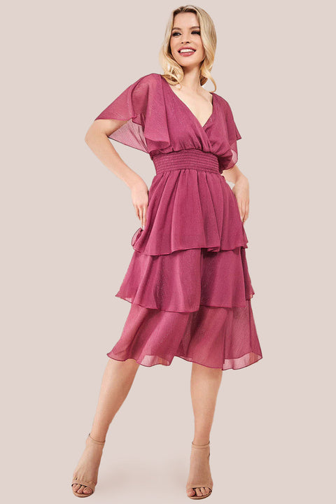 Goddiva Chiffon Layered Flutter Sleeve Midi Dress - Pink