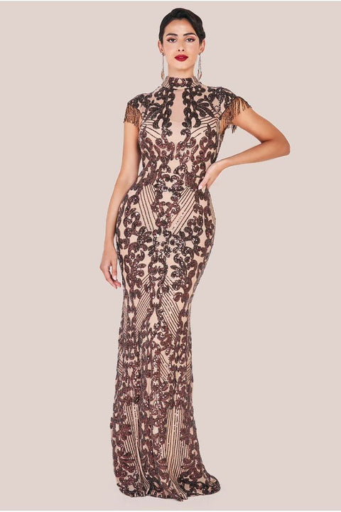 Goddiva Embroidered Sequin Beaded Cap Sleeve Maxi - Brown