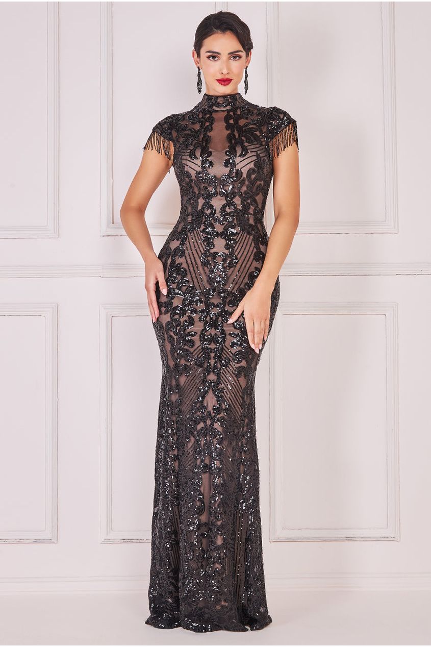 Goddiva Embroidered Sequin Beaded Cap Sleeve Maxi - Black