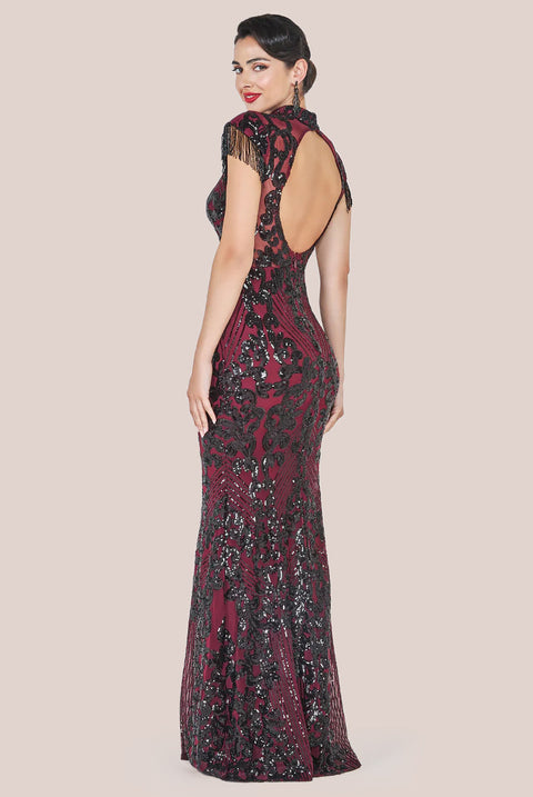 Goddiva Embroidered Sequin Beaded Cap Sleeve Maxi - Burgundy