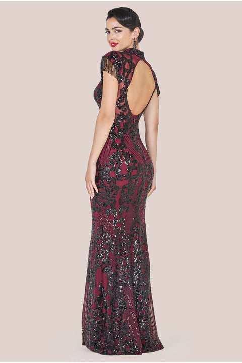 Goddiva Embroidered Sequin Beaded Cap Sleeve Maxi - Burgundy