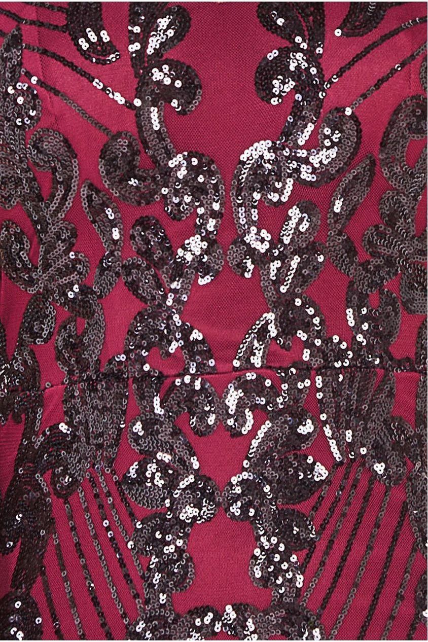 Goddiva Embroidered Sequin Beaded Cap Sleeve Maxi - Burgundy