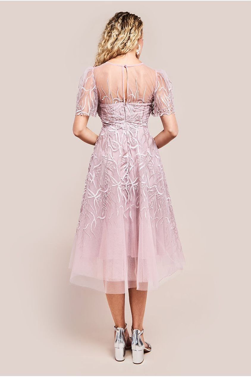 Goddiva Embroidered Mesh Midi Dress - Blush