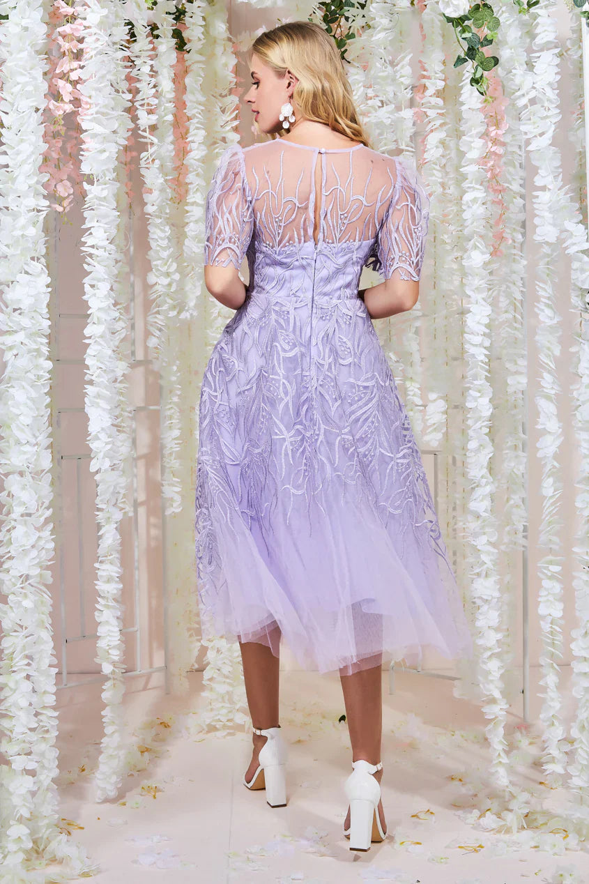 Goddiva Embroidered Mesh Midi Dress - Lilac