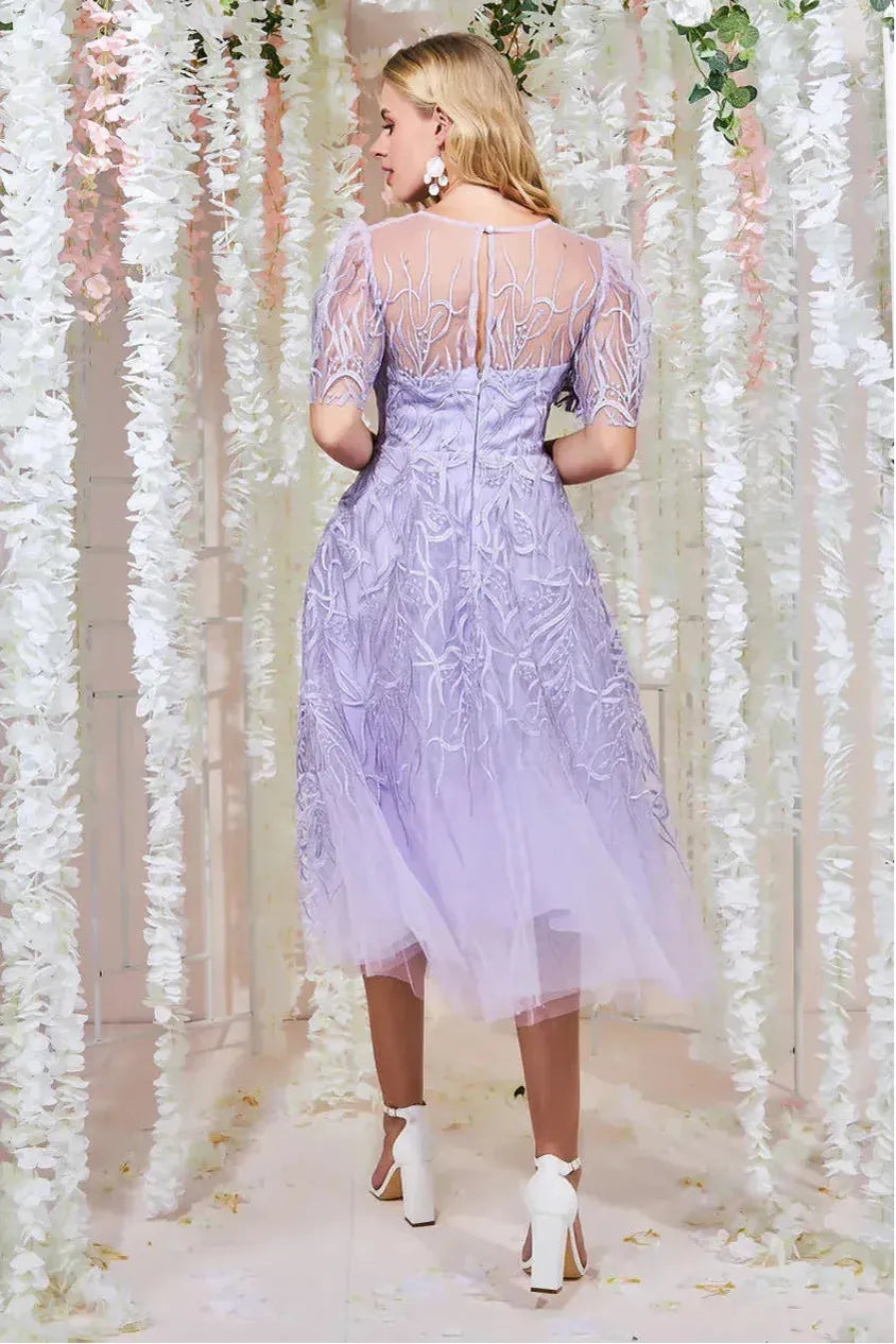 Goddiva Embroidered Mesh Midi Dress - Lilac