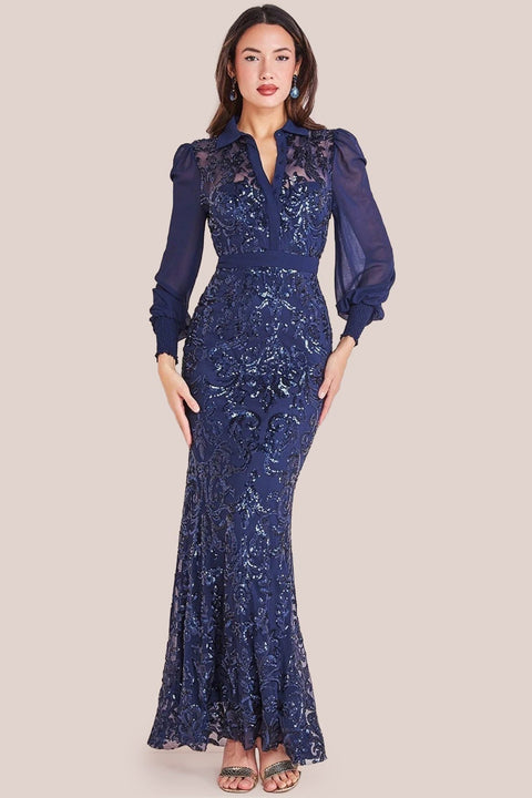 Goddiva Sequin Mesh Shirt Maxi Chiffon Sleeves - Navy