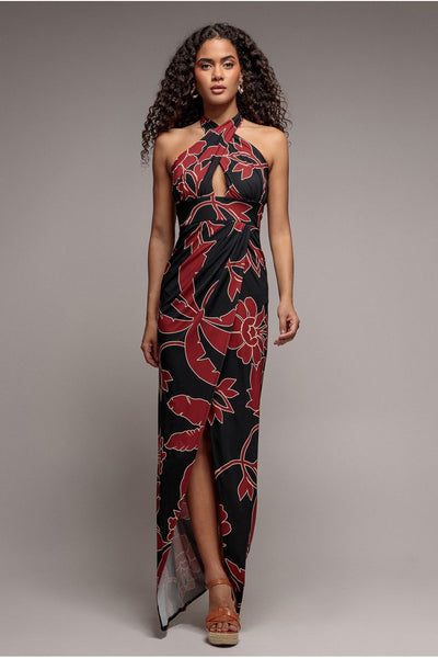 Black - Goddiva Printed Crossover Maxi Dress - Black