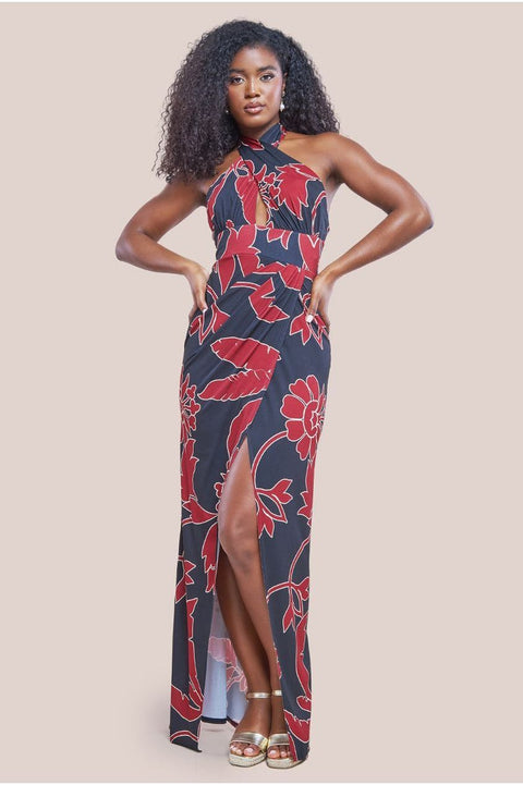 Goddiva Printed Crossover Maxi Dress - Black