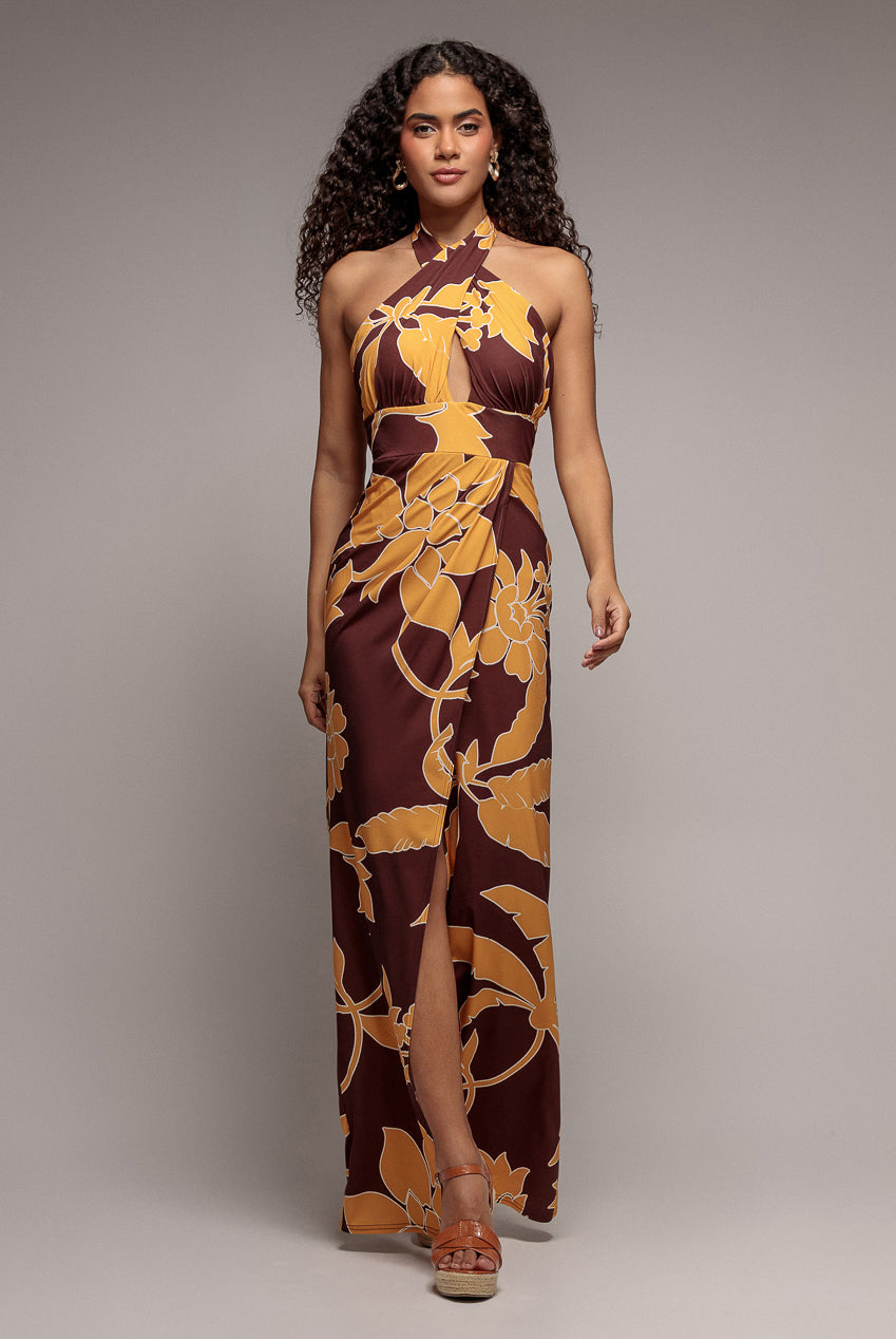 Goddiva Printed Crossover Maxi Dress - Brown