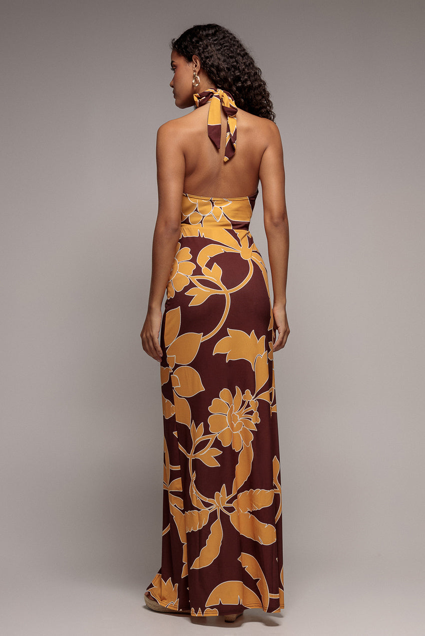 Goddiva Printed Crossover Maxi Dress - Brown