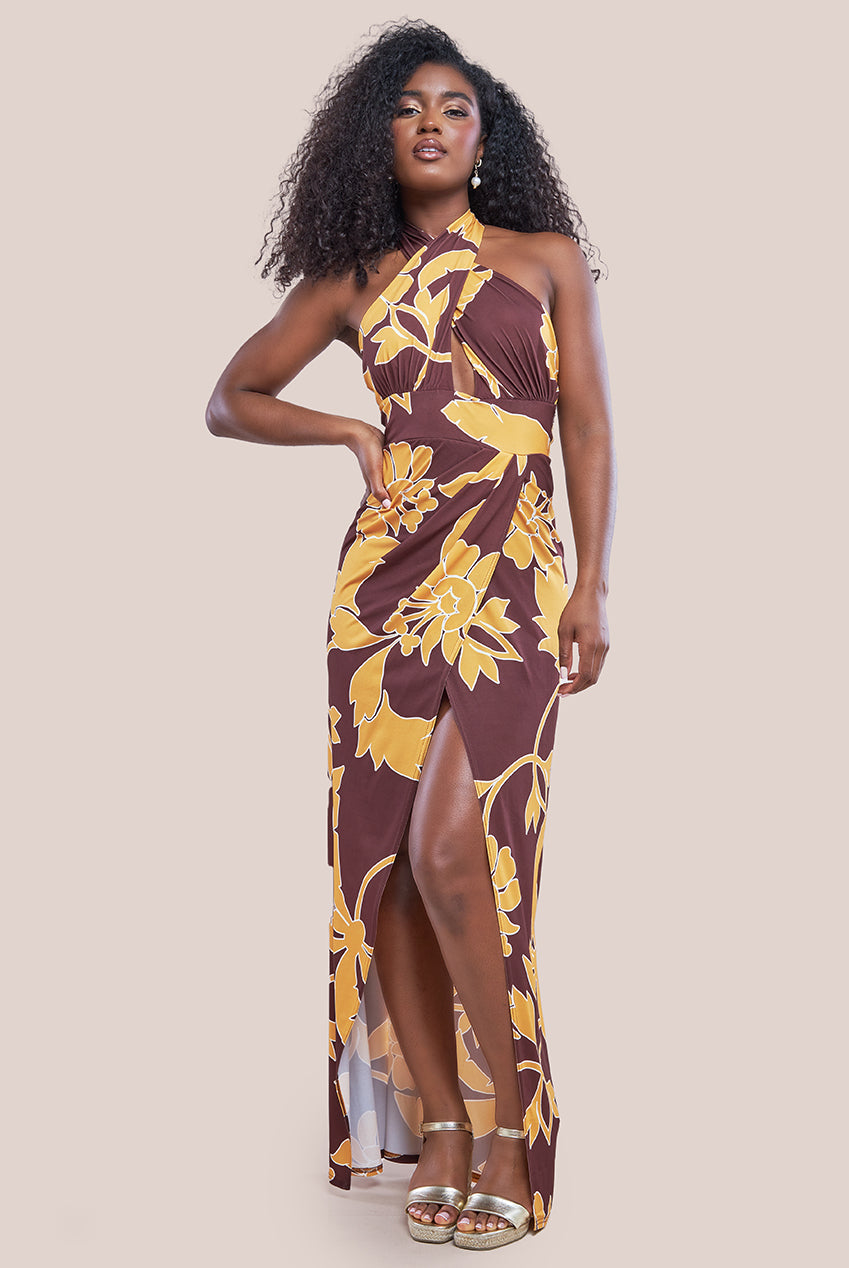 Goddiva Printed Crossover Maxi Dress - Brown