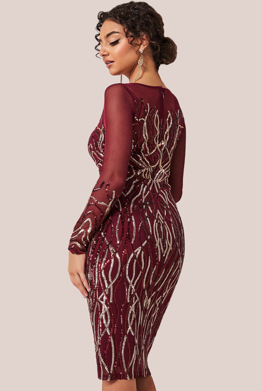 Goddiva Long Sleeve Sequin Flame Midi Dress - Wine