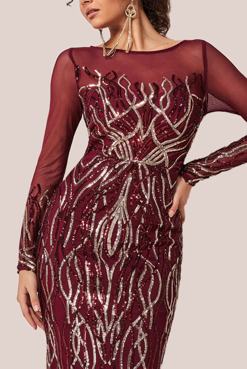 Goddiva Long Sleeve Sequin Flame Midi Dress - Wine