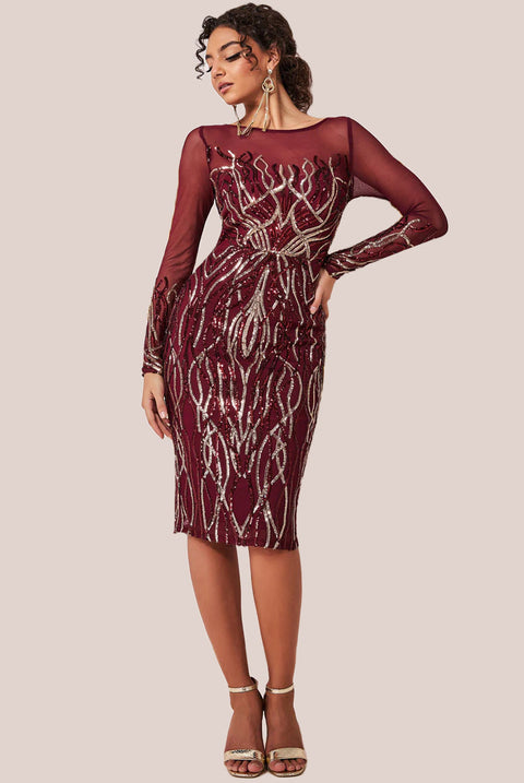 Goddiva Long Sleeve Sequin Flame Midi Dress - Wine