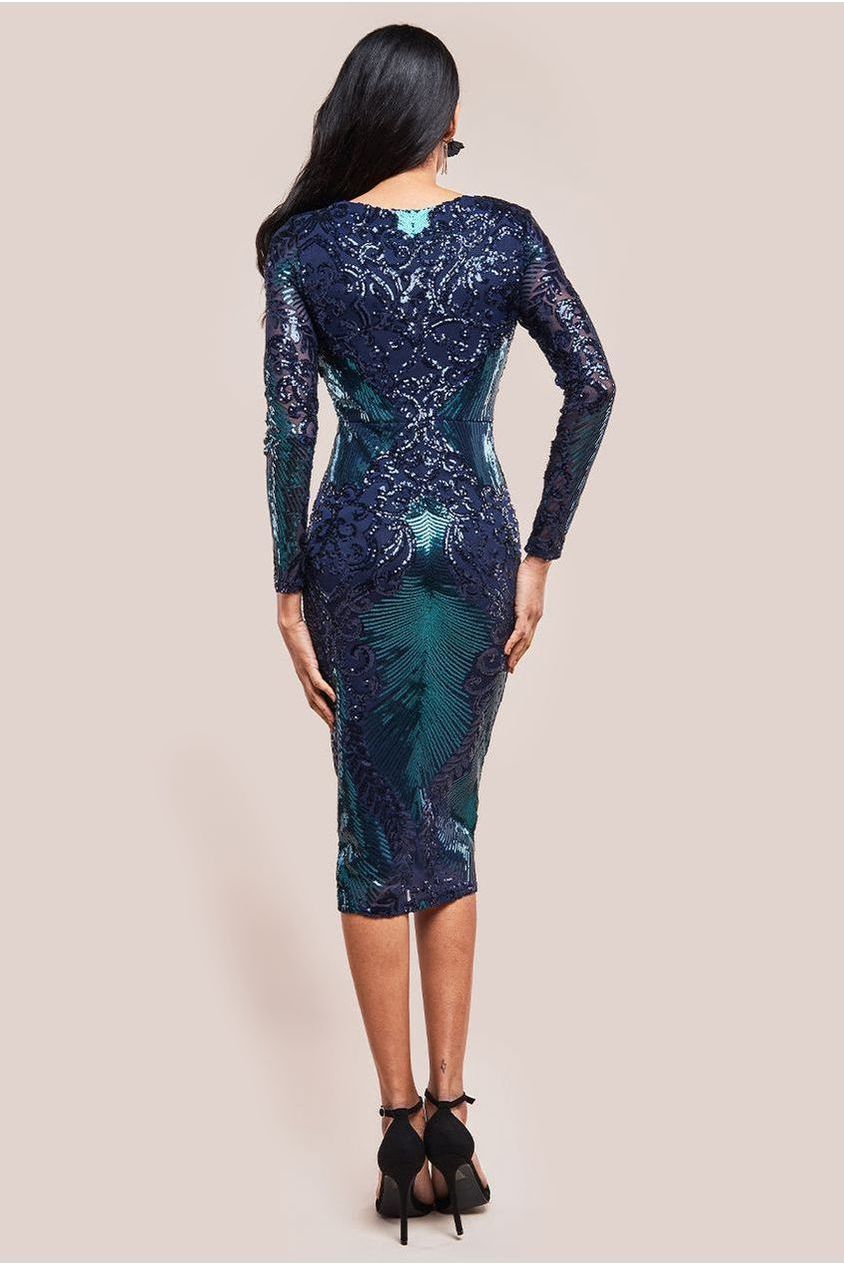 Goddiva Contrast Sequin Long Sleeve Midi Dress - Emerald