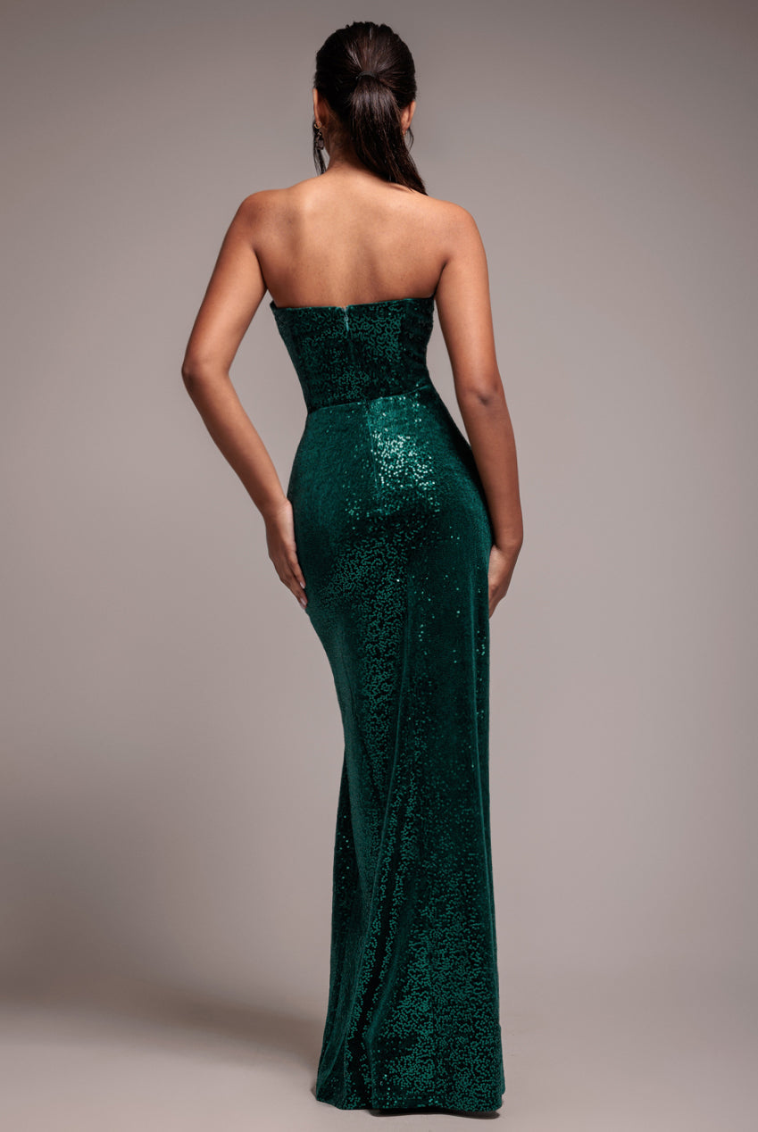 Goddiva Sequin Velvet Bandeau Maxi Dress - Emerald Green