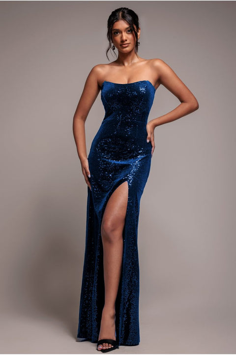 Goddiva Sequin Velvet Bandeau Maxi Dress - Navy
