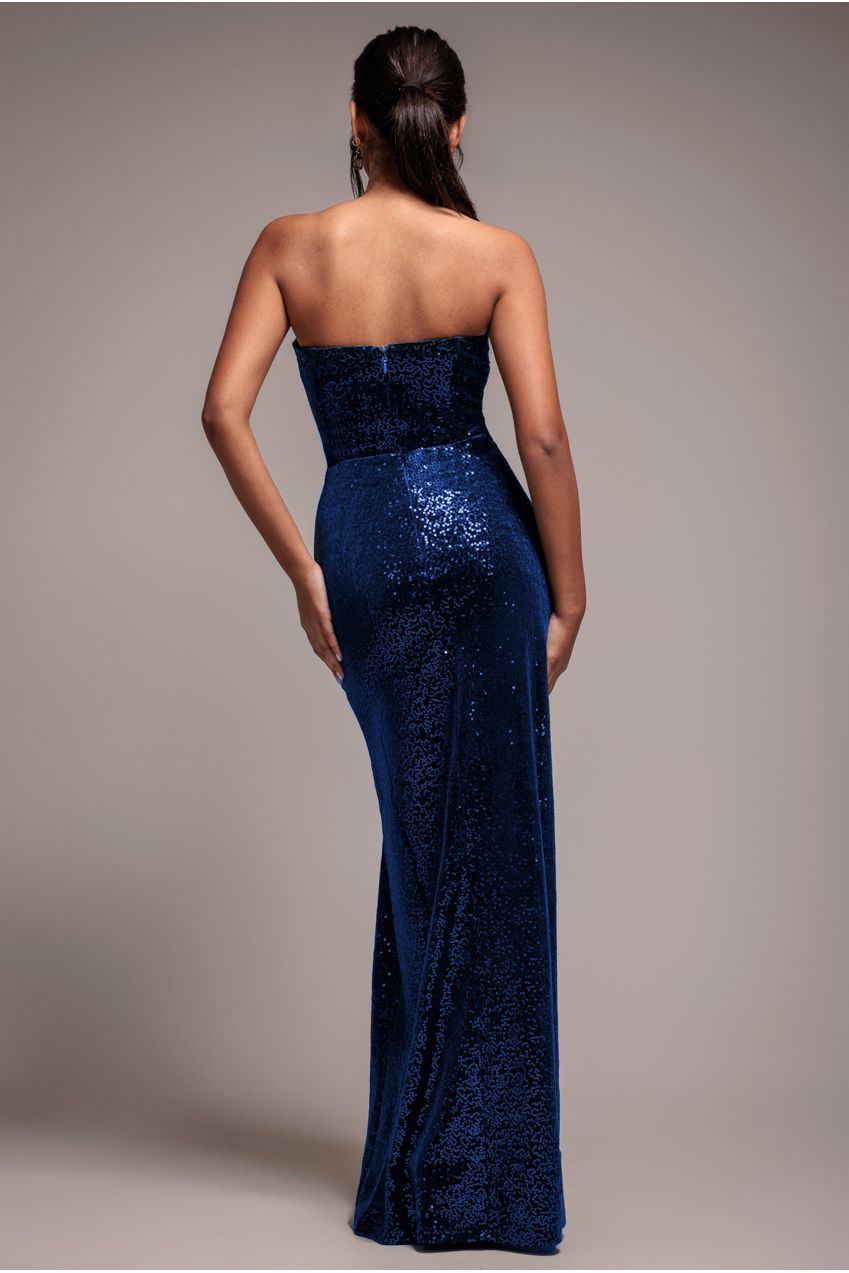 Goddiva Sequin Velvet Bandeau Maxi Dress - Navy