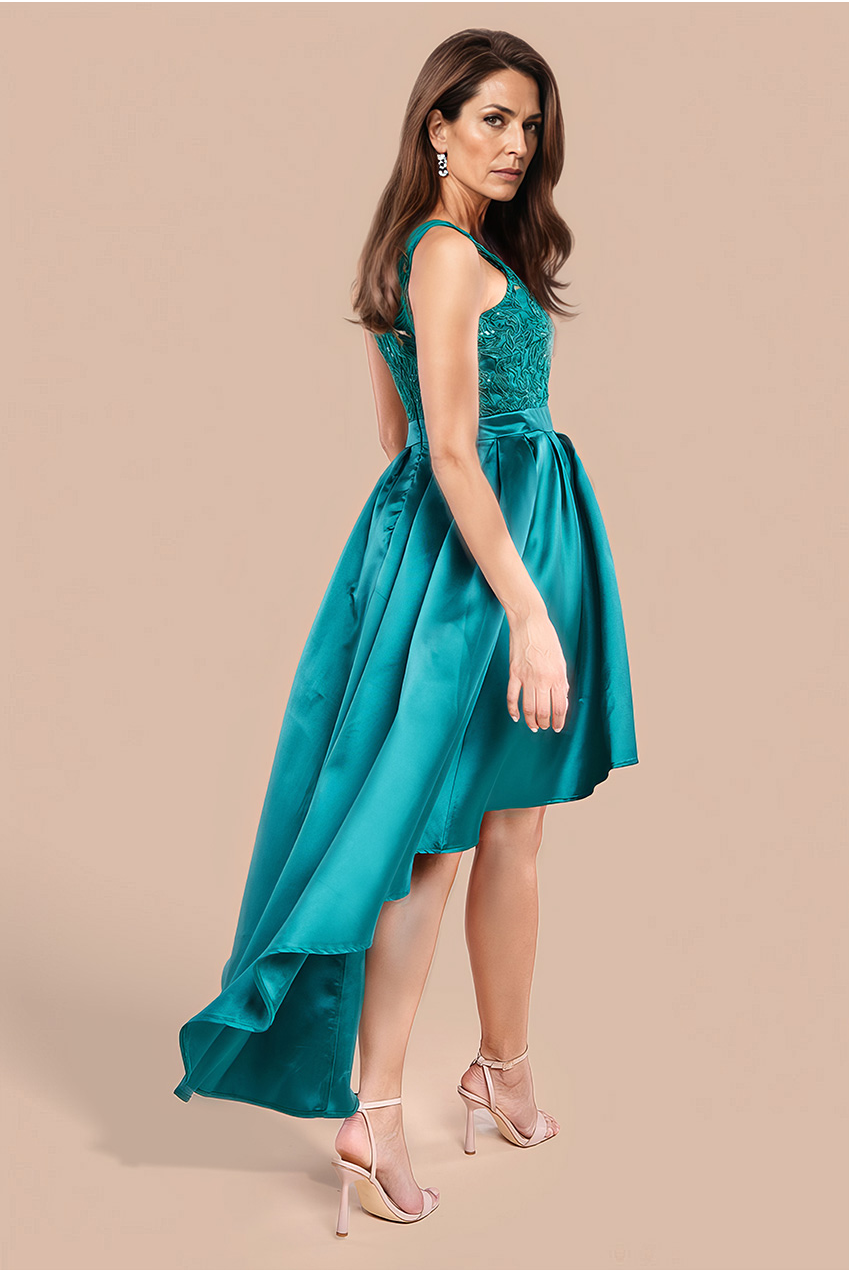 Goddiva Sequin & Satin Dipped Hem Midi Dress - Emerald Green