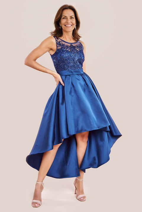 Goddiva Sequin & Satin Dipped Hem Midi Dress - Navy Blue