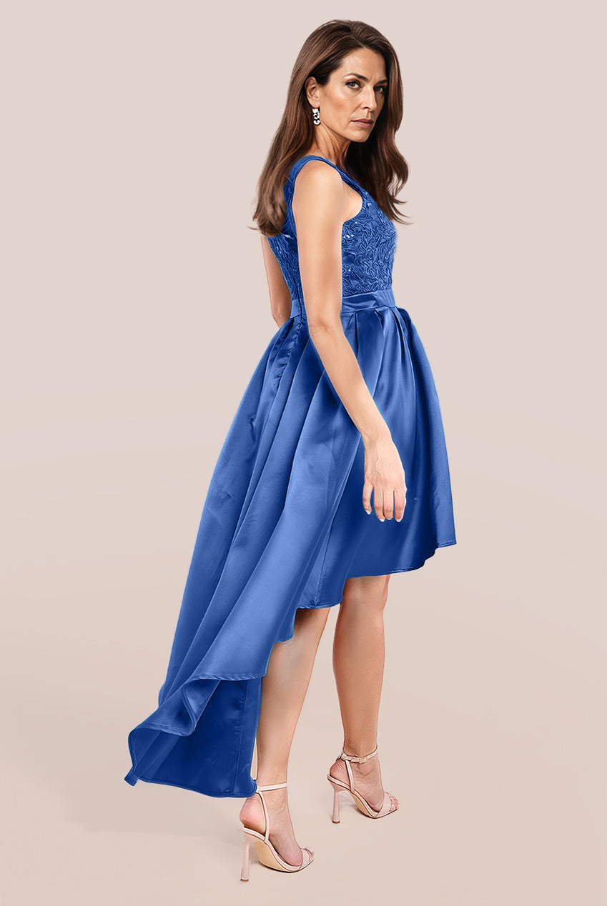 Goddiva Sequin & Satin Dipped Hem Midi Dress - Navy Blue