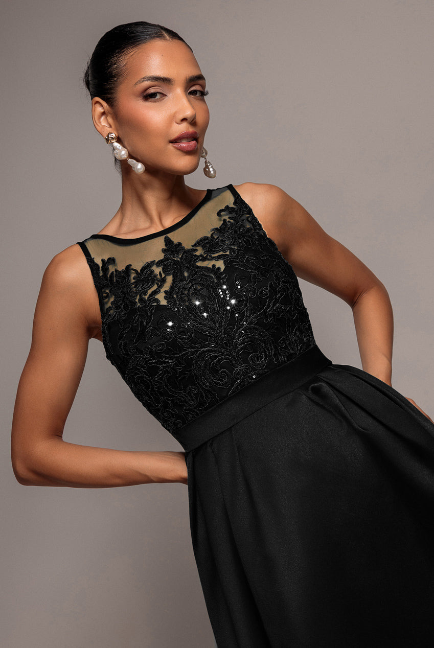 Goddiva Sequin & Satin Dipped Hem Midi Dress - Black